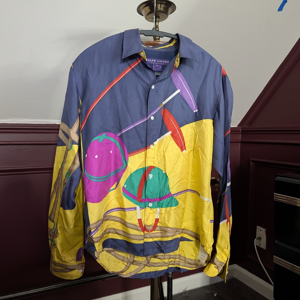 Ralph Lauren Purple Label 100% Silk Polo Equestrian Harness Button-up Shirt 6